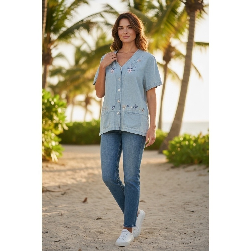 Vintage Light Wash Denim Look Embroidered Tropical Floral Button Up Shirt